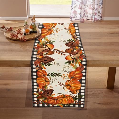 Farmhouse Thanksgiving Table Runner 13x72 Inch with Golden Leaves – Plaid Leaf Decor
