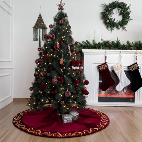 Starry Dynamo 60-Inch Burgundy Velvet Christmas Tree Skirt with Gold Swirl Embroidery