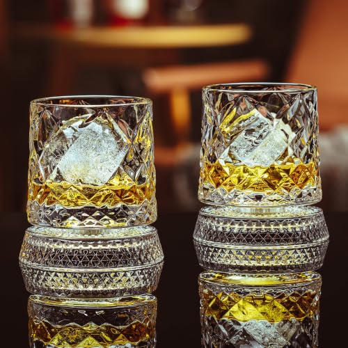 Ginireto Pattern A Spinning Whiskey Glasses Set of 2, 9.5oz Lead-Free with Ice Molds & Gift Box