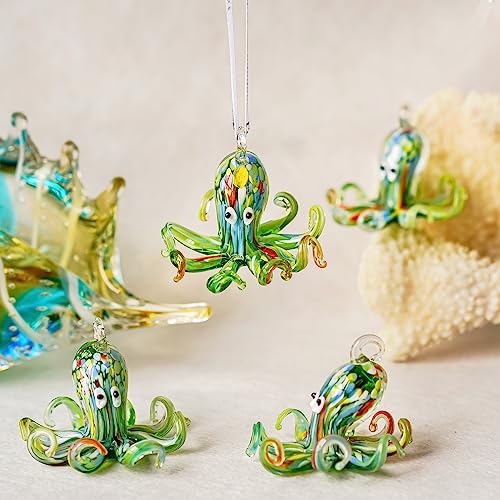 Hand-Blown Art Glass Octopus Hanging Ornament - Coastal Beach Decor