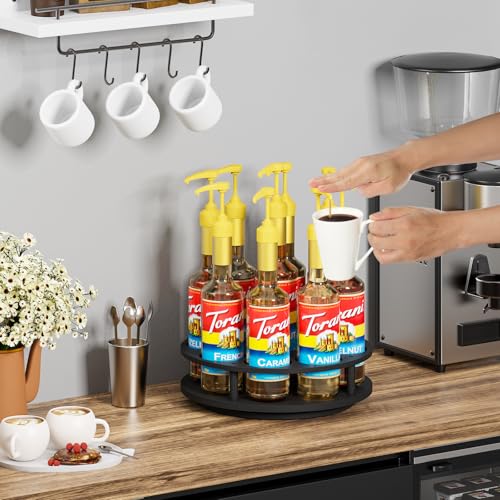 Rotating Coffee Syrup Organizer - 9 Bottle Wooden Rack for Countertop