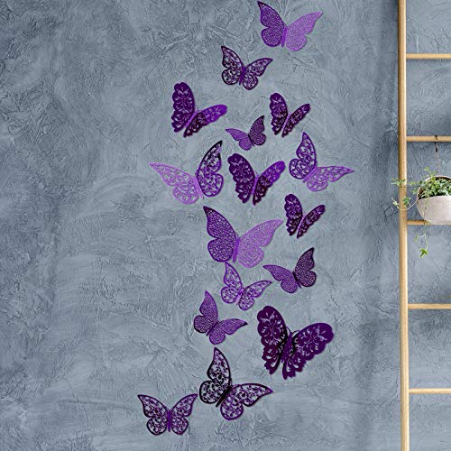72 Pcs 3D Metallic Butterfly Wall Decals - Purple Hollow Wall Stickers