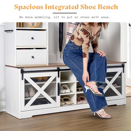 75-Inch Farmhouse Hall Tree with Shoe Bench, LED Lights & Storage Cabinets
