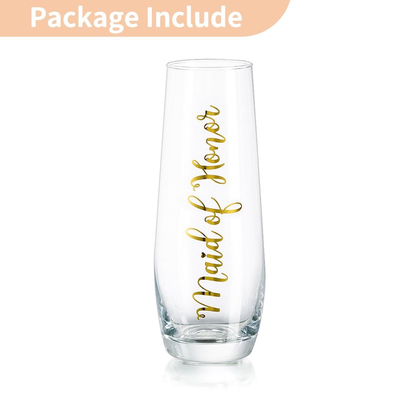 NUPTIO Champagne Glasses Maid of Honor: Stemless Bridal Shower Party Prosecco Flutes Tumbler Wedding Gift Clear Gold Embossed