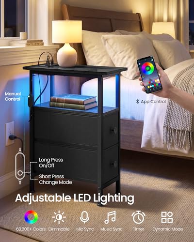 Narrow Side Table with LED Light & Charging Station, 2-Drawer Nightstand