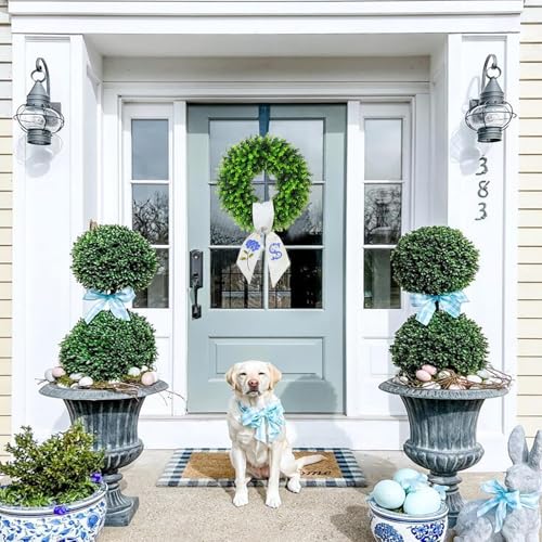20-Inch Boxwood Wreath with Personalized Monogram Sash for Front Door