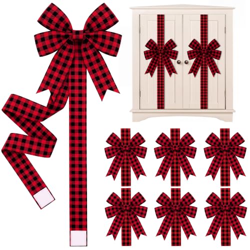 RetroRevel 6 Pcs 10-Inch Buffalo Plaid Cabinet Bows with 87in Straps, No-Nail Hook-and-Loop