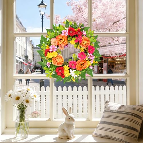 20-Inch Artificial Spring Floral Wreath with Orange Rose-Style Blooms