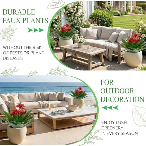 Artificial Agave Topiary Trees with Red Flowers, 27-Inch Outdoor Set of 2
