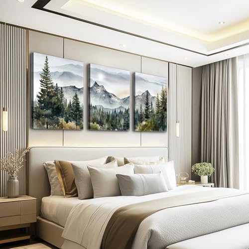 3-Piece Abstract Mountain Forest Canvas Wall Art, Framed Landscape Prints