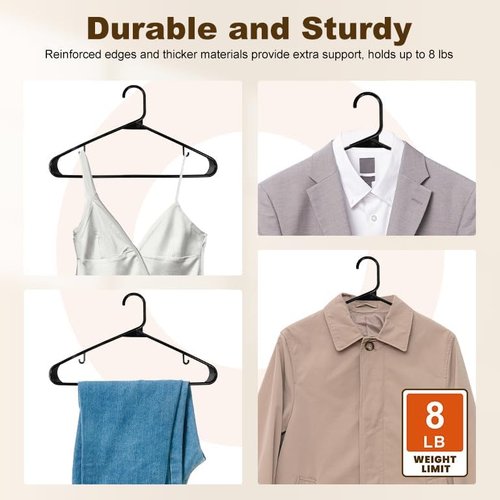 HOUSE DAY Black Plastic Hangers - Durable 50 Pack with Built-in Hooks | Space-Saving Closet Solution for Shirts, Coats, Dresses