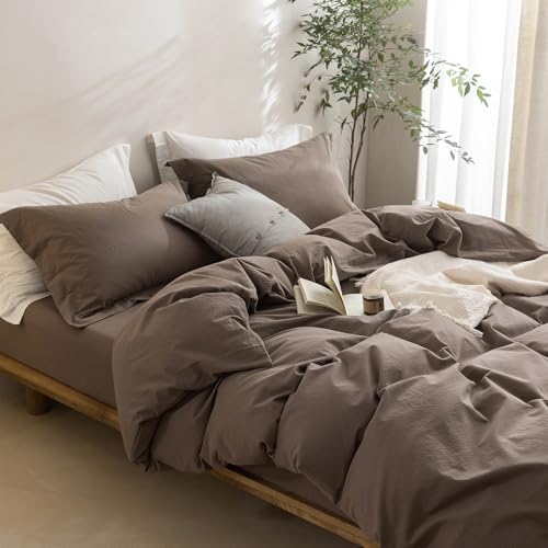 100% Washed Cotton Queen Duvet Cover Set - Light Chocolate Brown, 3 Piece