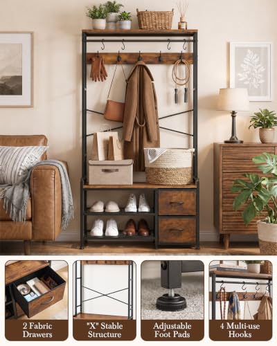 5-in-1 Industrial Hall Tree with Bench, Shoe Storage, and 2 Fabric Drawers