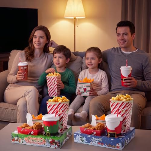 Santa Christmas Movie Night Snack Tray Set - 24 Pcs with Cups, Straws & Stickers
