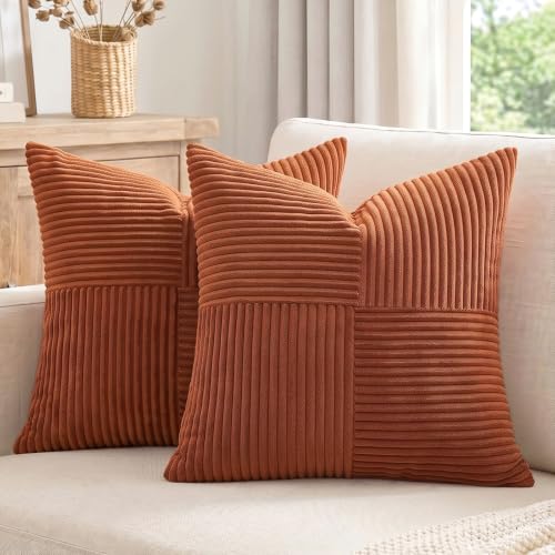 Fancy Homi Rust Boho Corduroy Throw Pillow Covers 18x18 (Set of 2)