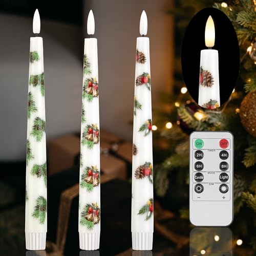 White Christmas Pine Flameless Taper Candles with Pine Leaves, Cones & Bells - Holiday Decor