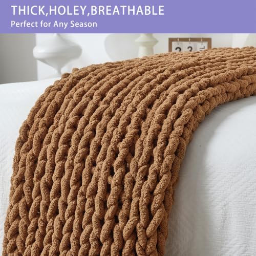 Bigacogo Caramel Chunky Knit Throw Blanket 40x60 Inches for Couch & Bed