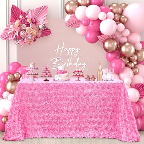 B-COOL 90x156 Inch Pink 3D Rosette Satin Tablecloth - Rectangular