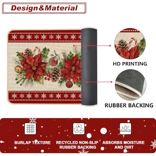 Christmas Poinsettia Kitchen Rugs Set - Merry Bright Holiday Decor, 17x29 & 17x47 Inches