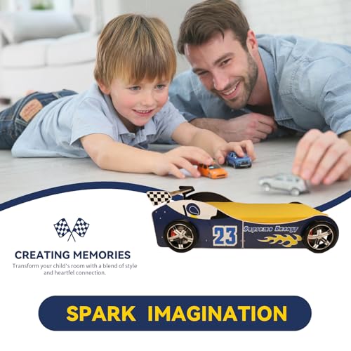 Twin Race Car Bed Frame for Kids with LED Headlights and Guardrails