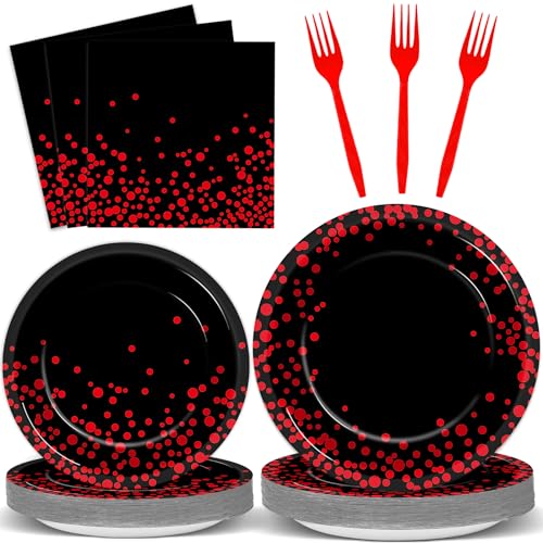 96-Piece Black and Red Disposable Party Tableware Set for 24 Guests