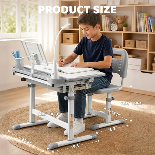 Height-Adjustable Kids Desk and Chair Set with LED Light and Storage