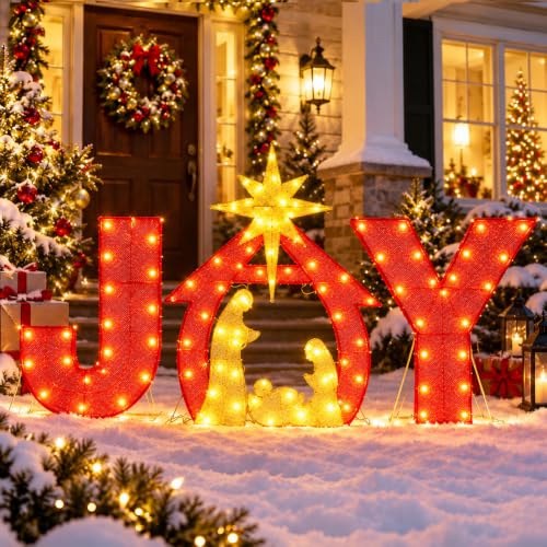 DULEFUN 6Ft x 4Ft Outdoor Christmas Nativity Yard Sign with Joy and Lighted Decor - Style C