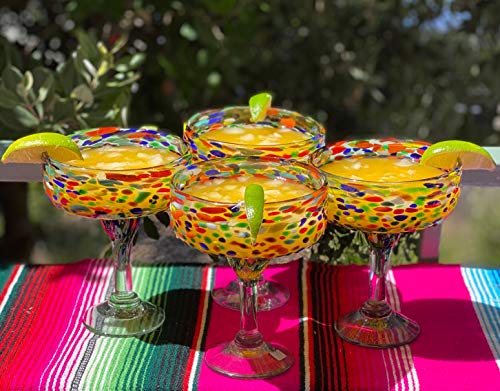 Dos Sueños Mexican Hand Blown Margarita Glasses Set of 4 | 16 oz Authentic Confetti Rock Glassware