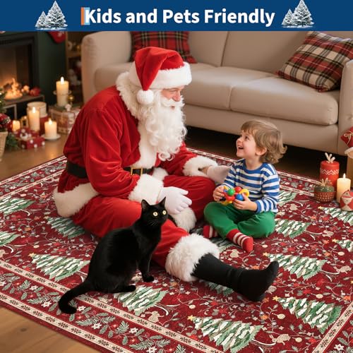 GarveeHome Red 2' x 6' Christmas Floor Runner Rug Non-Slip Washable Low-Pile with Tree & Animals Print