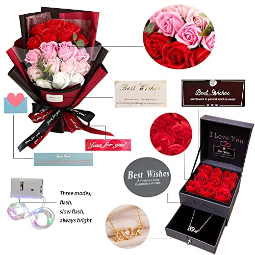 Artificial Rose Bouquet Gift Set with Love Necklace and LED Light