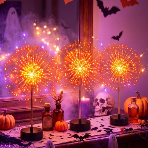 Halloween Firework Lights Table Centerpiece - 3 Pack Orange LED Decorative Decor