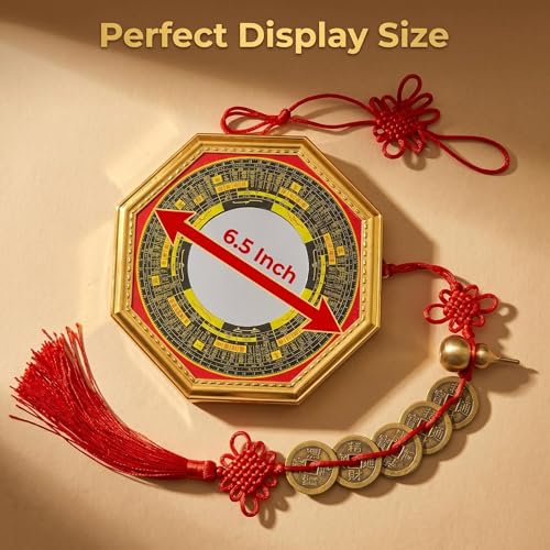 Feng Shui Bagua Mirror Set with Five Emperor Coins & Brass Wu Lou - Outdoor Home Protection & Wealth