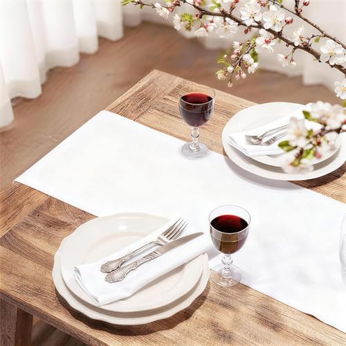 Waterproof White Table Runner - 12x36 Inch Washable Heavy-Duty Polyester