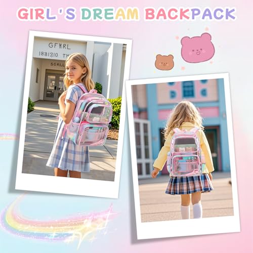 Heavy Duty Clear Backpack for Girls - Pink Transparent School Bookbag