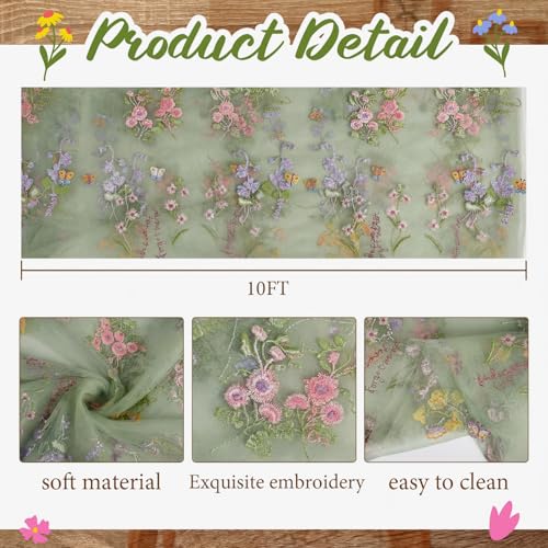 Sage Green Floral Embroidered Table Runner 120-Inch Sheer Spring Decor
