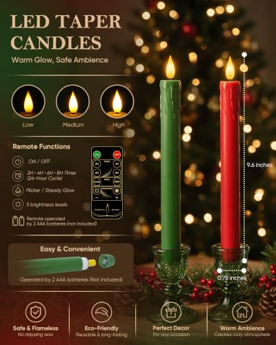 Homemory Real Wax 9.6 In Flameless Taper Candles, Red & Green with Remote Timer (Drip Taper), 6 Pack