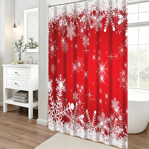 Christmas Shower Curtain Red and White Snowflakes Winter Wonderland