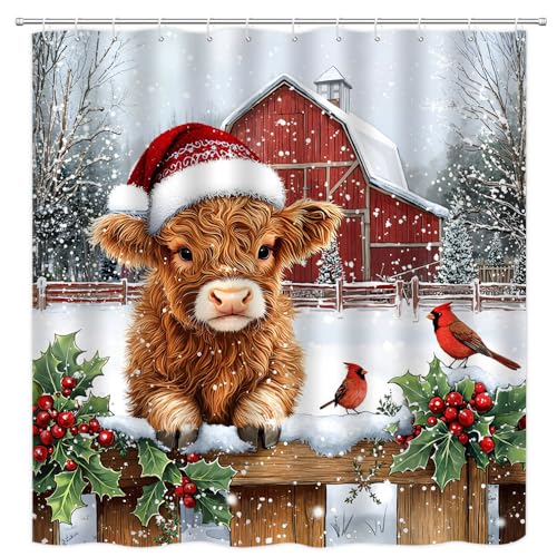 PZMPZM Highland Cow Christmas Shower Curtain 70x70 Inch Rustic Farmhouse Holiday