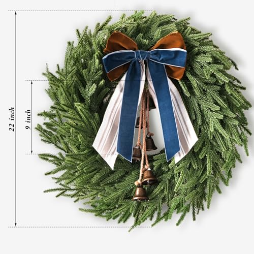 22 Inch Norfolk Pine Christmas Wreath with Bells and Ribbon - Rustic Holiday Decor