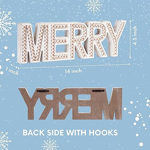 Merry Christmas Sign, Free Standing Wooden Small Christmas Centerpieces For Tables, Rustic Merry Letter Christmas Decorations, Beaded Farmhouse Meery Christmas Wall Decor
