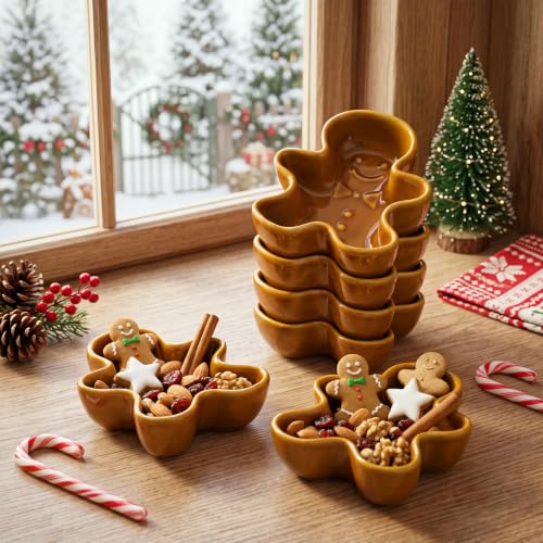 Willinglong 6-Pack Ceramic Gingerbread Man Serving Bowls for Christmas Holiday Dips & Treats