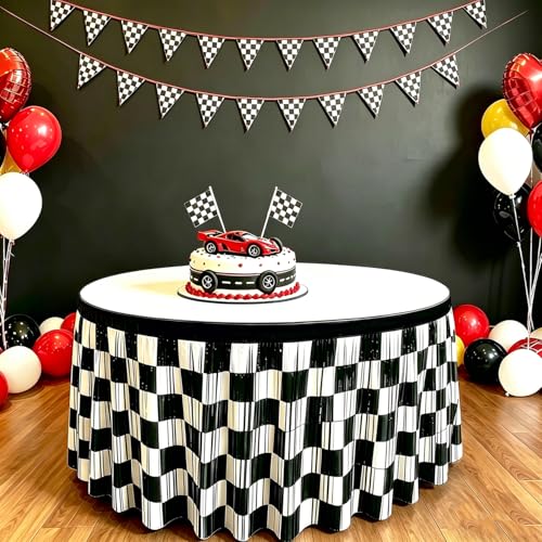 Black and White Checkered Foil Tinsel Table Skirt - 2 Pack Racing Party Decor