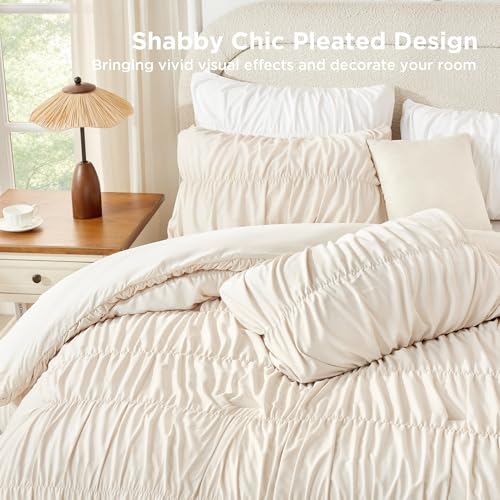 Beige Ruched Queen Comforter Set - 3 Piece Boho Bedding