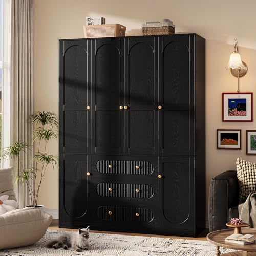 72" Freestanding 4-Door Wardrobe Armoire with 3 Drawers & Hanging Rods