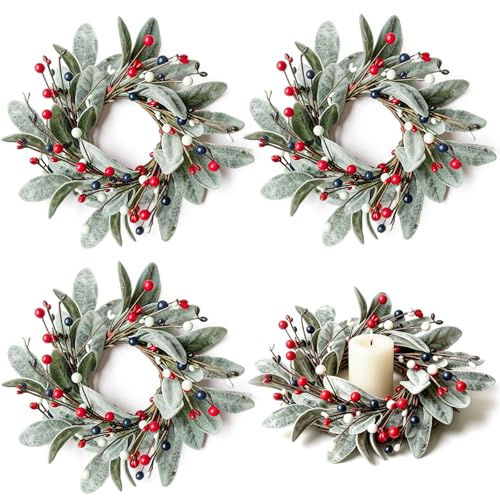 Patriotic 4th of July Candle Ring Wreaths for Pillar Candles, Set of 4