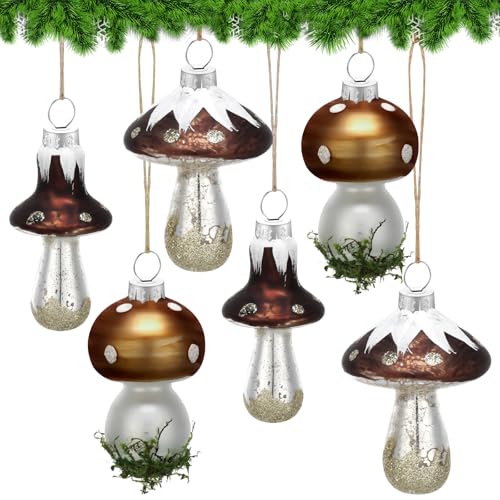 Vercraft Rustic Glass Mushroom Christmas Ornaments - Set of 6 for Holiday Decor