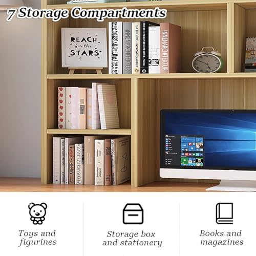 3-Tier Wooden Desktop Bookshelf Hutch with 7 Storage Shelves - White