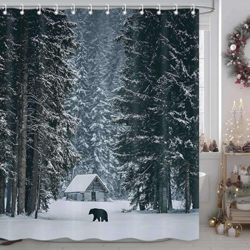 Yellawn Winter Snow Forest Bear Shower Curtain 72x72 in, Waterproof Polyester, Black Forest Pattern