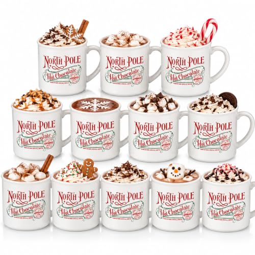 Yaomiao 12 Pcs North Pole Christmas Mugs - Ceramics Enamel Coffee Cup Set, 12 oz, With Handles