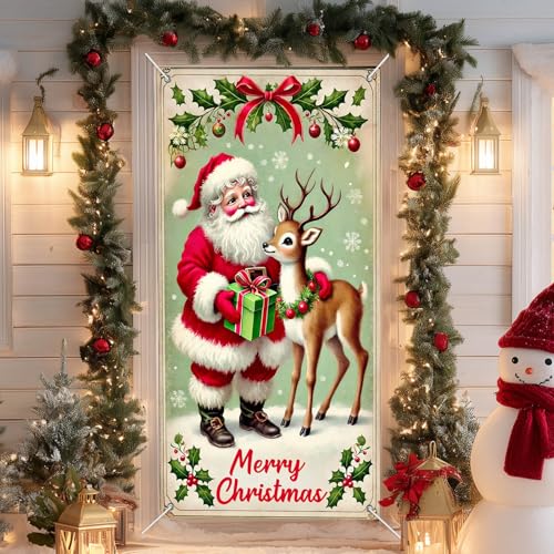 IVN Santa Reindeer Door Cover Decoration Banner 71 x 35 in - Double Sided